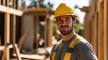 Safety-Minded Worker: Construction Site Builder with Hard Hat 