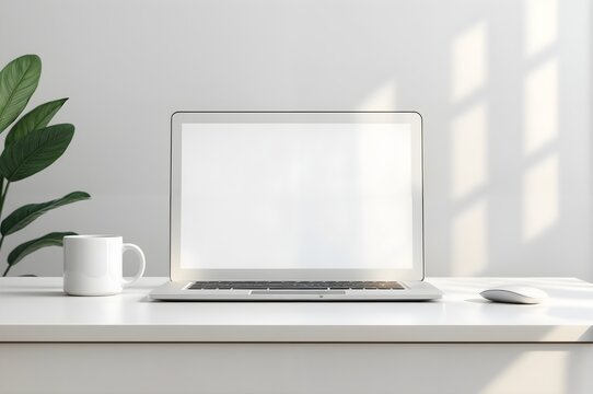 White Laptop Mockup on Minimalist Desk with Coffee Cup