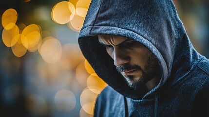 Anonymous Innovator: Man in Hoodie with Bokeh Lights 