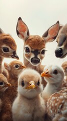 Obraz premium Adorable group of young animals with soft fur and feathers on light background