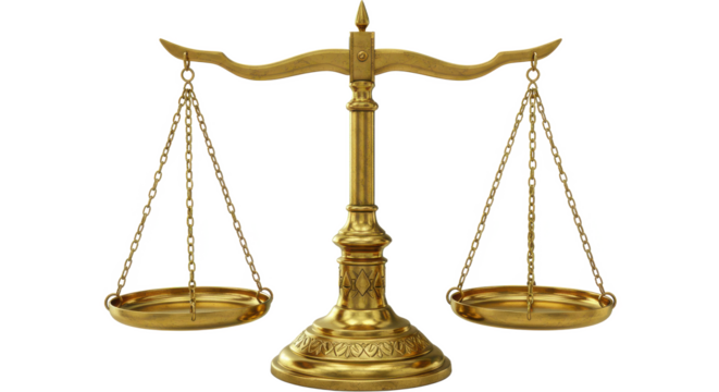 A golden scale of justice standing upright symbolizing balance and fairness in legal proceedings and decisions