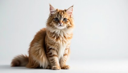 Fluffy Persian cat sits on white background, looking directly at camera, fluffy, studio