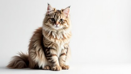 Fluffy Persian cat sits on white background, looking directly at camera, kitten, isolated, animal