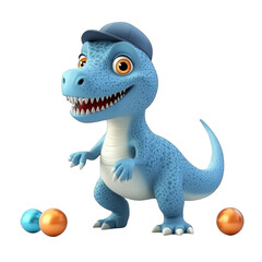 Naklejka premium 3D Illustration Of A Playful Cartoon Blue Dinosaur With Orange Balls and a Cap