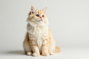 Fluffy Persian cat sits on white background, paws tucked , pets, kitten, studio