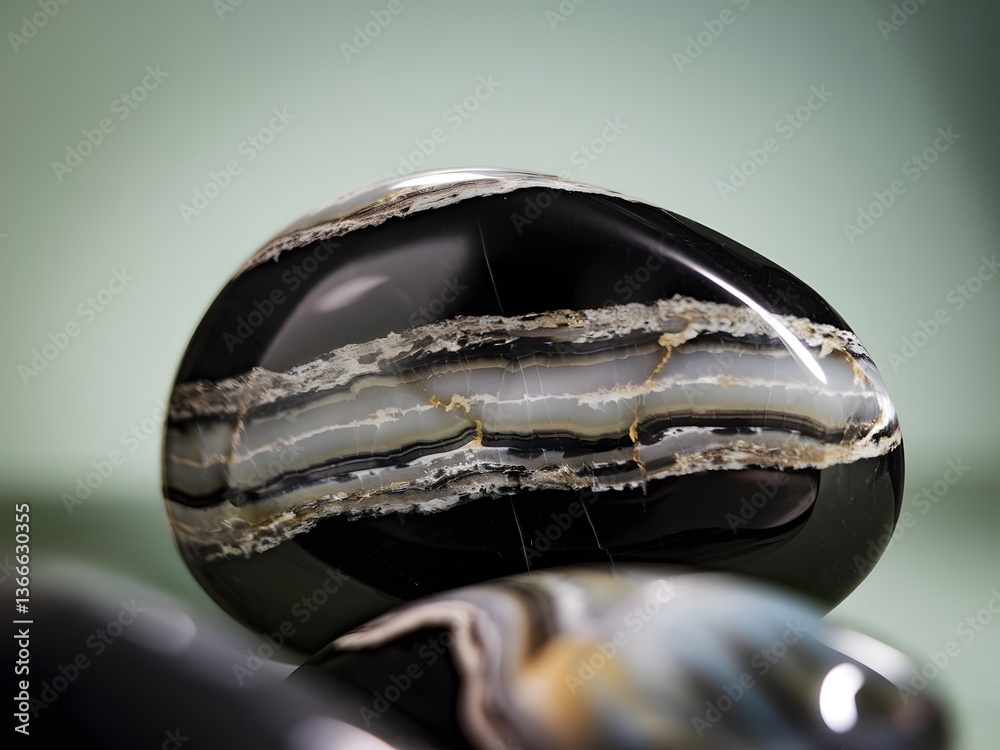 Poster polished onyx stone, close-up view, deep black with white swirls, beautiful stone texture. glossy su