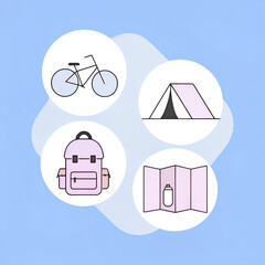 Adventure camping gear icons on a blue background  