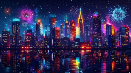 Obraz premium Festive Night Cityscape, Fireworks Reflection