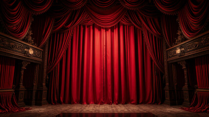 Fototapeta premium Grand Red Theater Stage Draped with Majestic Curtains