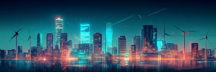 Obraz premium Futuristic city skyline with wind turbines