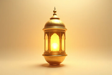 A glowing golden lantern illuminates the spirit of Ramadan, its intricate details and warm light symbolizing hope and faith against a soft beige backdrop.
