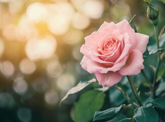 Blooming Pink Rose Flower in Garden with Sunlight and Greenery