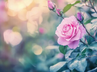 Blooming Pink Rose with Buds and Bokeh Background in Soft Light