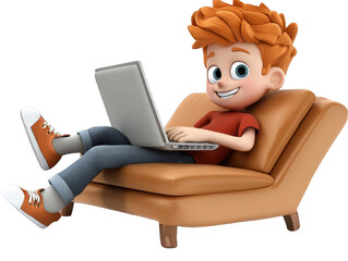 3D Illustration Of a Smiling Red-Haired Boy Using Laptop While Relaxing On Brown Couch