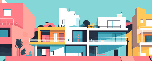 Colorful modern urban housing design with geometric shapes and pastel colors - vector