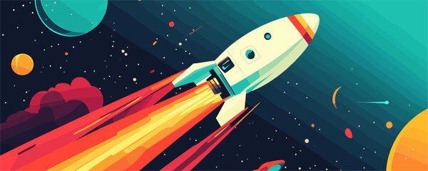 Rocket launching into space with planets and stars, colorful space travel scene, vector