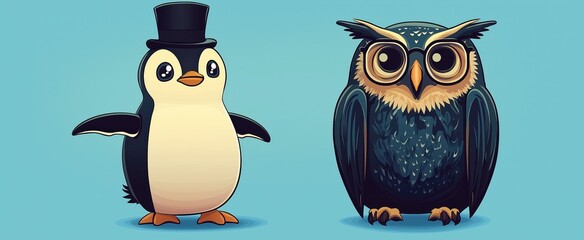 Obraz premium Charming cartoon penguin with top hat and wise owl on blue background
