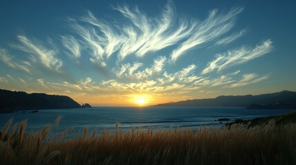 Ocean Sunset with Dramatic Sky and Grassy Foreground
