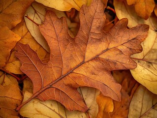 Close-up of vibrant autumn leaf with intricate veins on fallen leaves