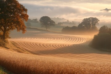 Fototapeta premium Misty countryside field at dawn with tractor lines and golden haze