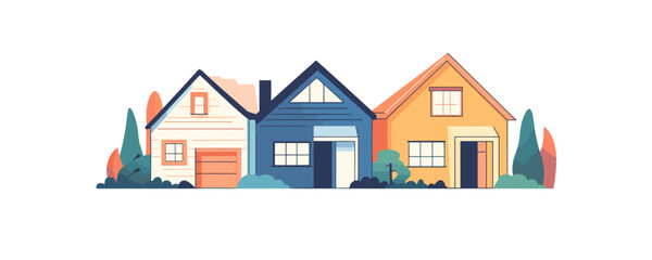 Charming suburban houses with colorful facades on bright day - vector