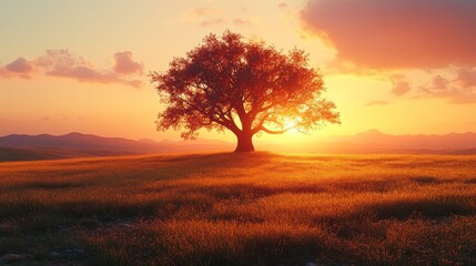 Serene Sunset Landscape: Lone Tree in Golden Meadow