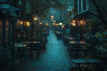 Fototapeta premium Outdoor cafe in narrow alley with warm lighting and rustic ambiance