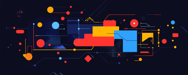 Abstract geometric tech design with rectangles and circles - dark background vector