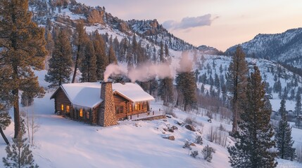 Cozy log cabin in snowy mountain landscape with warm glowing windows and smoke from chimney