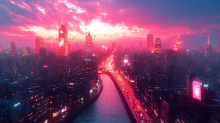 Fototapeta premium Neon Cityscape at Sunset: A Futuristic Metropolis