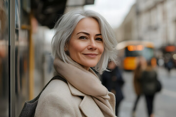 Fototapeta premium A photograph of a happy, beautiful woman with gray hair standing at a bus stop in the city. The background is blurred, with people walking around.