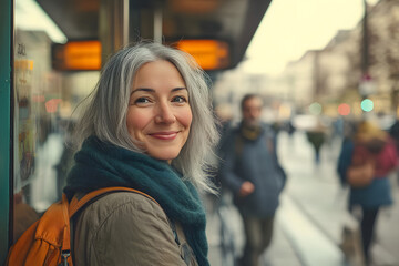 Fototapeta premium A photograph of a happy, beautiful woman with gray hair standing at a bus stop in the city. The background is blurred, with people walking around.