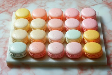 Obraz premium Pastel colored macarons arranged in rows on white surface