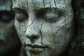 Artistic sculpture of female face with cracked texture and stone finish