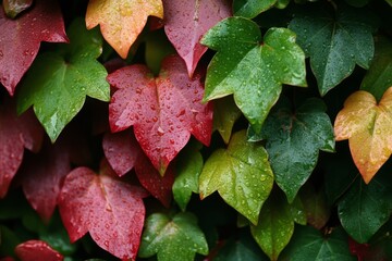Close-up of colorful autumn leaves with detailed textures and vivid tones
