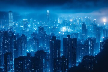 Obraz premium Night urban landscape with glowing buildings and cool blue city lights