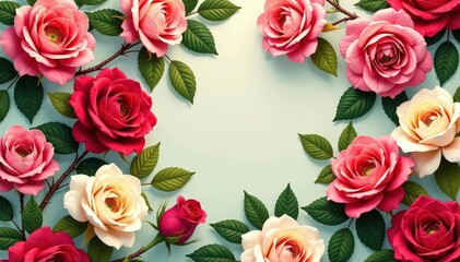 Intricate blooming roses, lush leaves repeat in a vibrant, vintage style , delicate, colorful