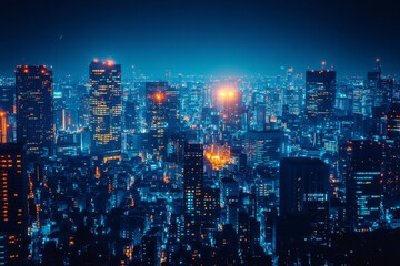 Obraz premium Evening city skyline with scattered lights and soft haze over buildings