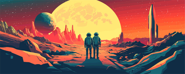 Two astronauts on alien planet with moons and sun in futuristic landscape - vector
