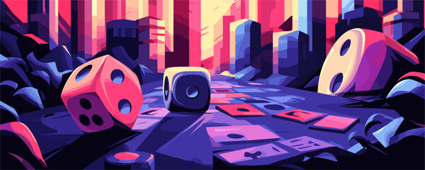 Dice on futuristic city street with vibrant lighting, abstract artwork, vector