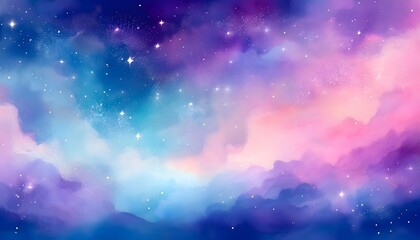 Fototapeta premium Dreamy cosmic landscape painted in soft watercolor hues of pink, blue, and violet