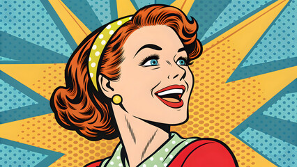 A pop art retro stock illustration with happy smiling woman in a comic book style imitation