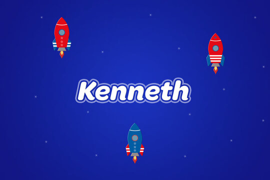 Kenneth male boy name illustration in blue with rockets.