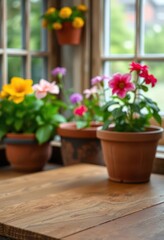 Obraz premium Rustic wooden table, blurred summer window, flower pot backdrop, green, wood, pot