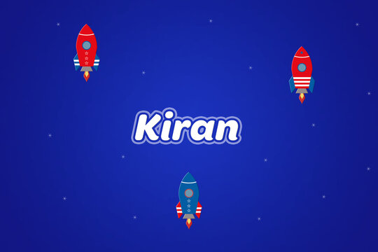 Kiran male boy name illustration in blue with rockets.