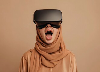 Obraz premium Surprised Woman Wearing Vr Headset Experiencing Immersive Virtual Reality