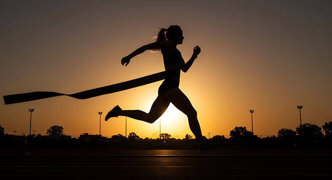 Female Athlete Running Through Finish Line Silhouette at Sunset