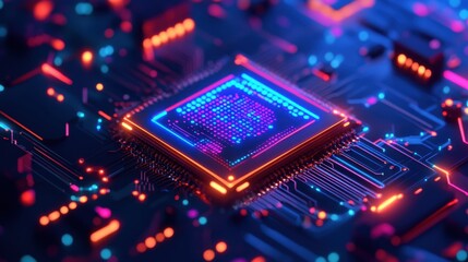 A D-rendered AI chip glowing with futuristic holographic circuits.