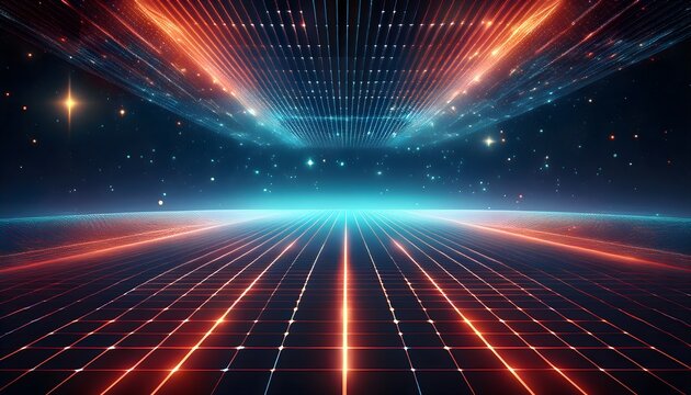 Futuristic cosmic scene with a glowing grid stretching into infinity