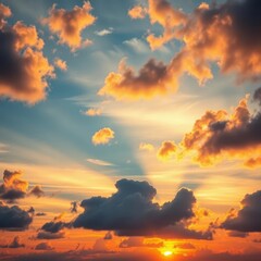 Naklejka premium Vast blue sunset sky, vibrant clouds, setting sun, blue, ray, calm